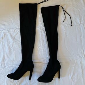 Express knee high black suede heel boots